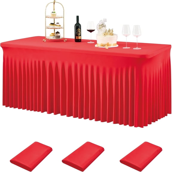 Nvzi 8ft Spandex Table Cloth for Standard Folding Tables-3Pack Red Table Cloth Table Protector for Party, Wedding, Cocktail, Banquet, Festival