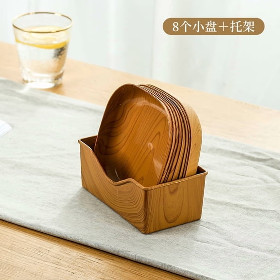 Nvzi 9-piece simulation wood grain plastic dining plate with base -5.5 × 5.5 inches brown plastic dining plate without bisphenol A, suitable for daily tableware for parties and camping