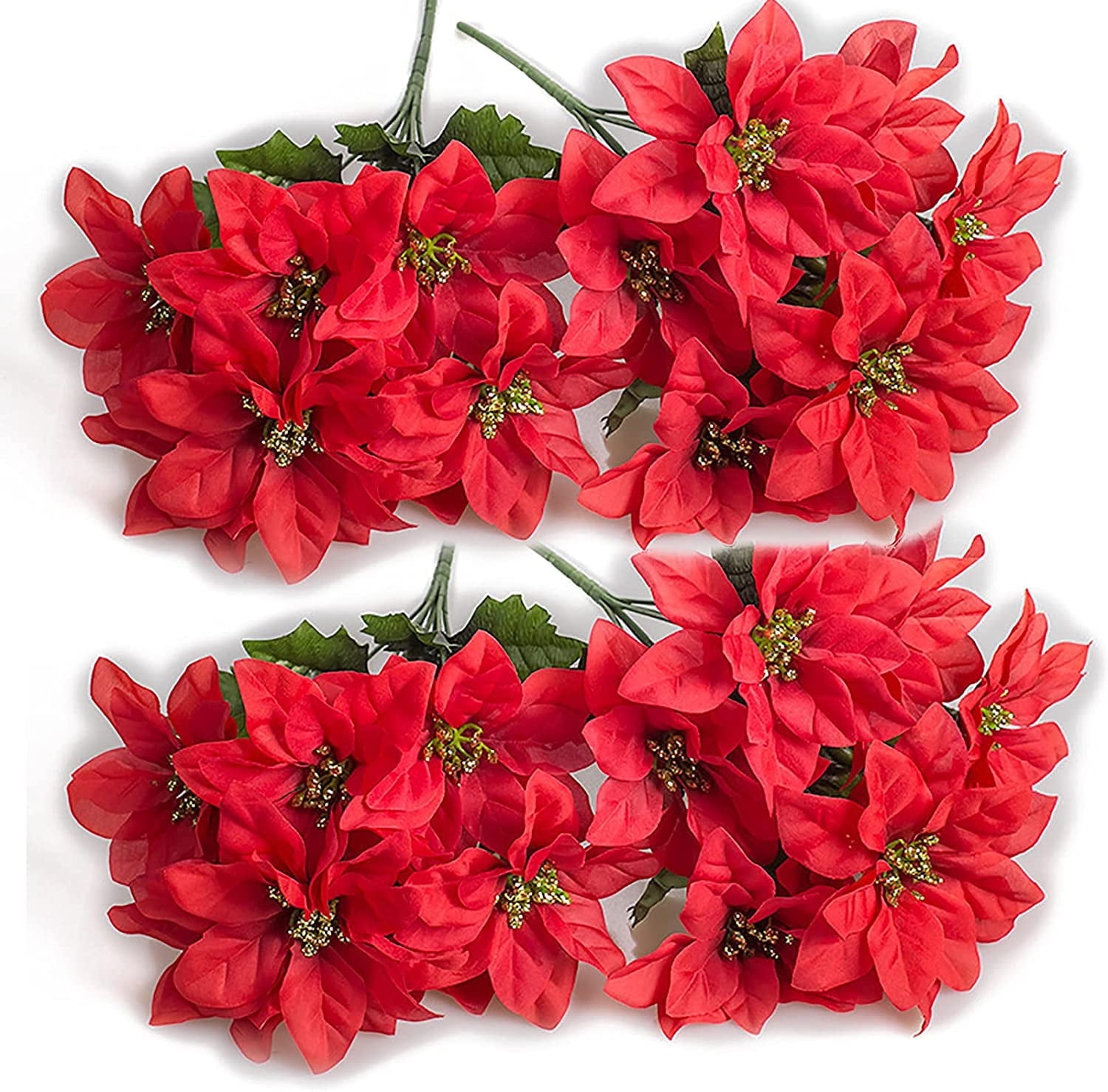Nvzi Artificial 12 Pack 7 Heads Silk Fabric Christmas Red Poinsettia Bushes, 35cm/13.8in