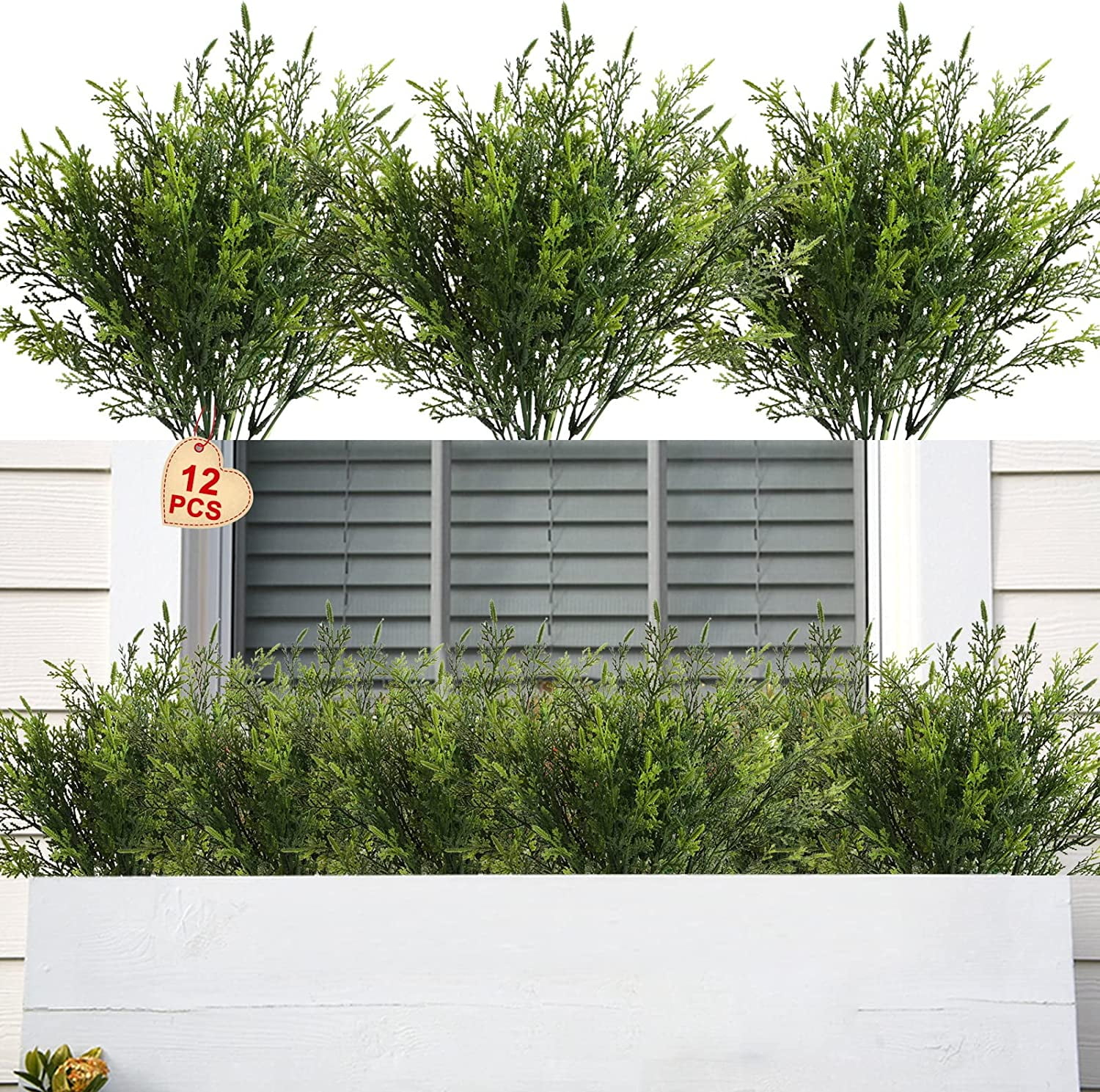 Nvzi Artificial Outdoor Plants 12 PCS Fake Cedar Plants Plastic Faux Pinetree Stems Greenery Shrubs UV Resistant Colorfast (Green)