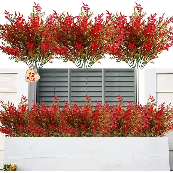 Nvzi Artificial Outdoor Plants 12 PCS Fake Cedar Plants Plastic Faux Pinetree Stems Greenery Shrubs UV Resistant Colorfast (Red)
