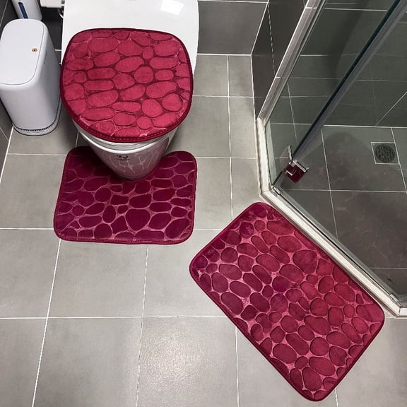 Nvzi Bathroom Carpet Set -3-Piece Soft Floor Mat Set with Dark Red Ribbon U-shaped/Circular/Square Mat, Bathroom Floor Anti slip and Absorbent Bath Mat