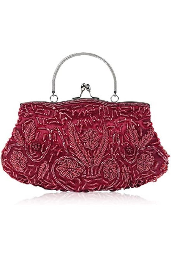 Beaded Sequin Design Flower Evening Purse Large Clutch Bag, Red, One Size