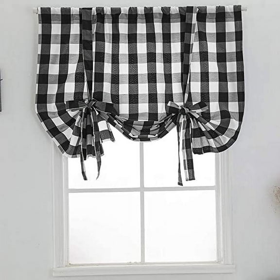 Nvzi Black and White Buffalo Check Tie Up Curtains Farmhouse Thermal Insulated Window Adjustable Balloon Curtain Shade for Small Window (31" x 55", Black)