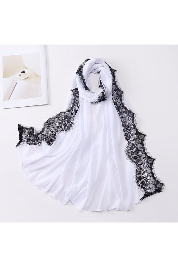 Black & White Silk Chiffon Headscarf -2 pieces, 27.5 70.8 inches long chiffon women's scarf, soft and smooth flowing fabric, suitable for weddings and summer sun protection