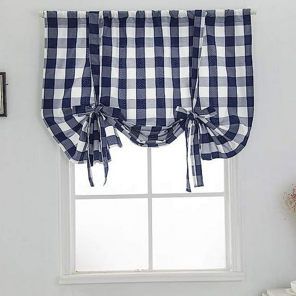 Nvzi Blue and White Buffalo Check Tie Up Curtains Farmhouse Thermal Insulated Window Adjustable Balloon Curtain Shade for Small Window (24" x 47", Blue)