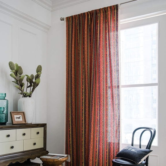 Nvzi Bohemian Striped Print Cotton Linen Window Curtain Panel, 1 Piece (59"x71",Red)