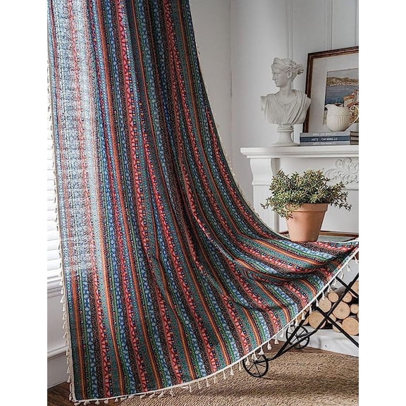 Nvzi Bohemian Striped Print Cotton Linen Window Curtain Panel with Lace Rod Pocket Colorful Patterned Room Darkening Drapes, 1 Piece (59"x71",Blue)