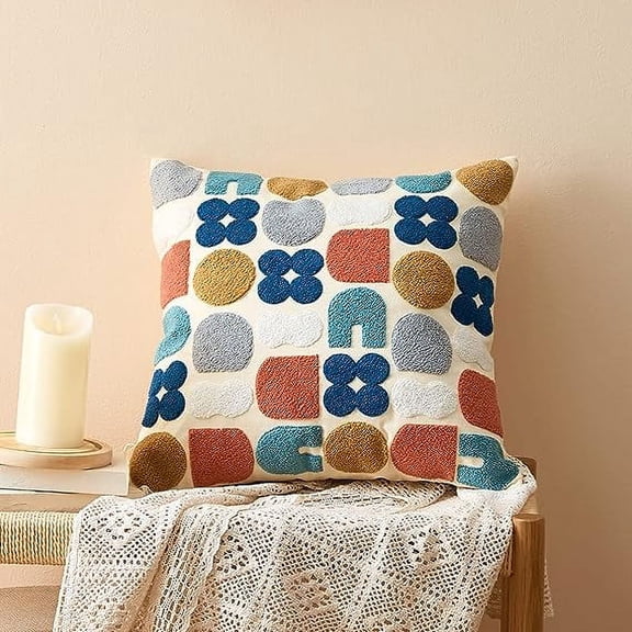 Nvzi Boho Geometric Tufted Decorative Throw Pillow Cover Farmhouse Cotton Embroidery Accent Square Cushion Case for Couch Sofa Bed (EmbroideryI, 18"x18")