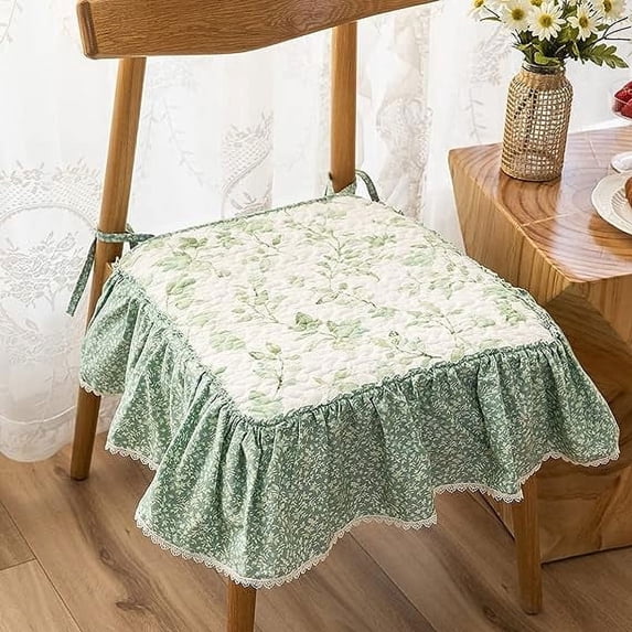 Nvzi Boho Ruffles Printed Chair Cushion with Ties Super Soft Cotton Kitchen Dining Chair Pad Leaf Pattern Non Slip Seat Cushion (Light Green,18"x18")