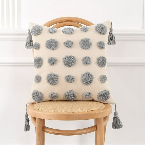 Nvzi Boho Tufted Decorative Throw Pillow Cover, Cozy Bohemian Cotton Canvas Cushion Cover Tassels Pillow Case Home Decor 17"X 17",Gray