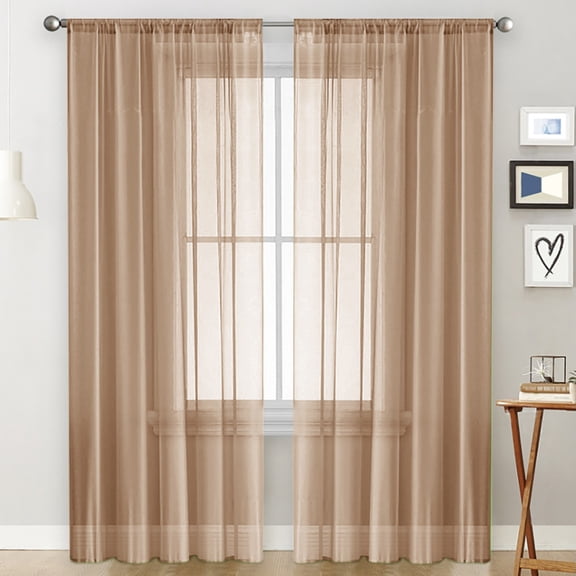 Nvzi Brown pole pocket semi transparent curtains -2 pieces,5284 inches, living room decoration curtains, suitable for bedroom, dining room, and spring/summer decoration