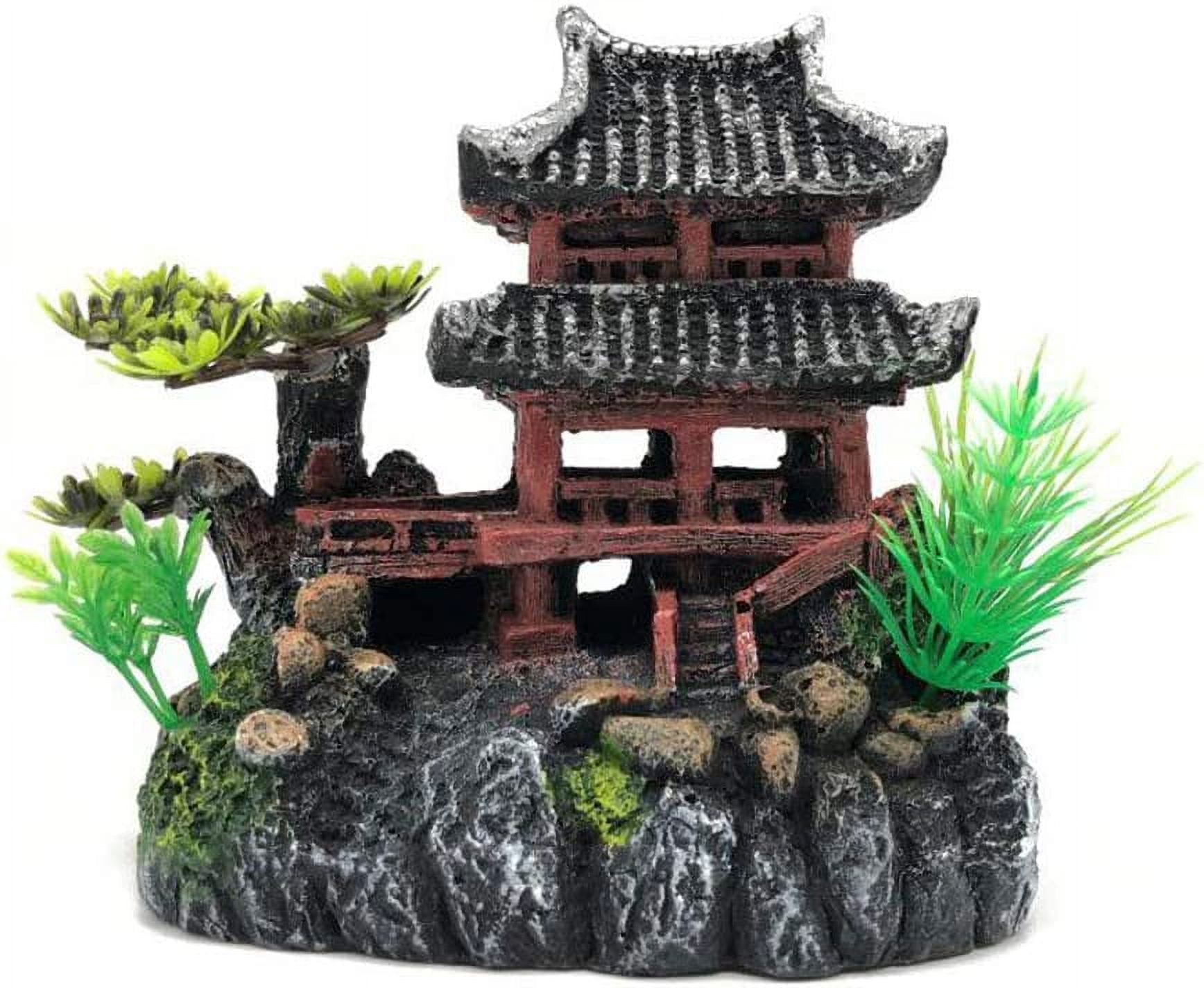 Nvzi Chinese Ancient Water Towns Aquarium Décor Ornaments, Resin Fish Tank Decorations Hideout Castle 8", Hand Painted with Realistic Details Tree (Water Town with red Stairs)