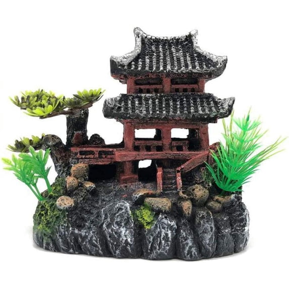 Nvzi Chinese Ancient Water Towns Aquarium Décor Ornaments, Resin Fish Tank Decorations Hideout Castle 8", Hand Painted with Realistic Details Tree (Water Town with red Stairs)
