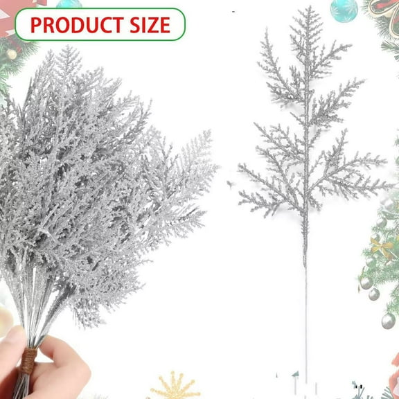XmhyTop-A Christmas Glitter Stems 20pcs Artificial Pine Tree Picks for Christmas Tree Ornaments fillers (Silver)