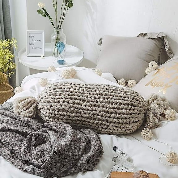 Nvzi Chunky Knit Candy Shaped Throw Pillows with Insert Super Soft Cozy Decorative Handmade Cushions (Grey, 12"x20")
