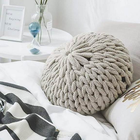 XmhyTop-A Chunky Knit Round Shaped Throw Pillows with Insert Super Soft Cozy Decorative Handmade Cushions (Grey, Diameter 16")