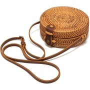 Xiao Hua Circle Rattan Straw Crossbody Bags for Women 7.1  with Adjustable Genuine Leather Strap