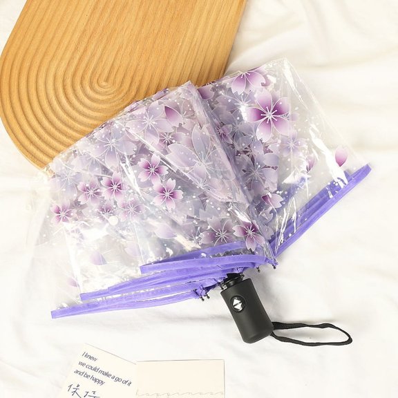 Nvzi Clear Transparent Folding Auto Open Auto Close Umbrella RainyCherry blossom purple