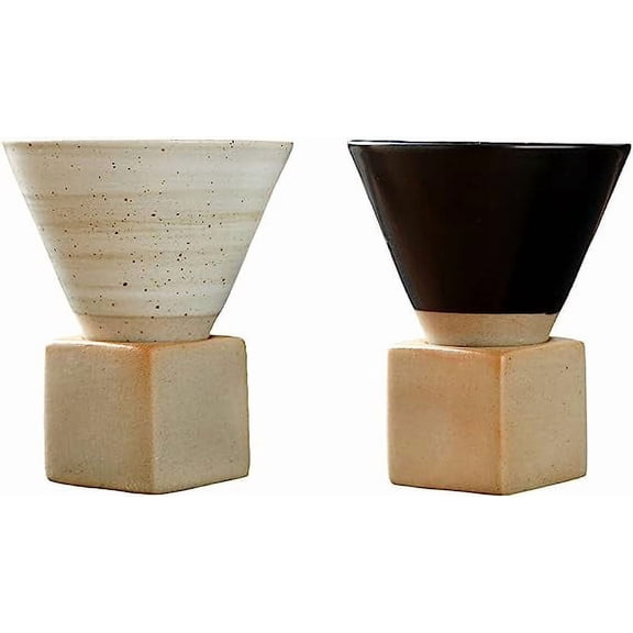 Nvzi Coarse Pottery Coffee Mug with Base, 200ml Creative Triangular Cone Shape Porcelain Mug, Ceramic Tea Cup for Coffee Tea Latte Milkshake Yogurt (white+black)