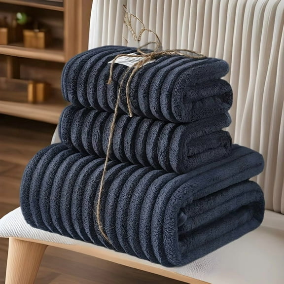 Nvzi Coral Fleece Bath Towel Set of 3- Towels (13.78x29.53in)&Bath Towel (27.56x55.12in),Dark Blue,Soft & Comfortable with Strong Water Uptake,Ideal for Bath,Face Washing & Gifting​