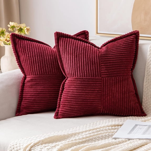 Nvzi Corduroy Pillow Covers with Splicing Set of 2 Super Soft Couch Pillow Covers Broadside Striped Decorative Textured Throw Pillows for Cushion Bed Livingroom 18x18 Inch Wine Red