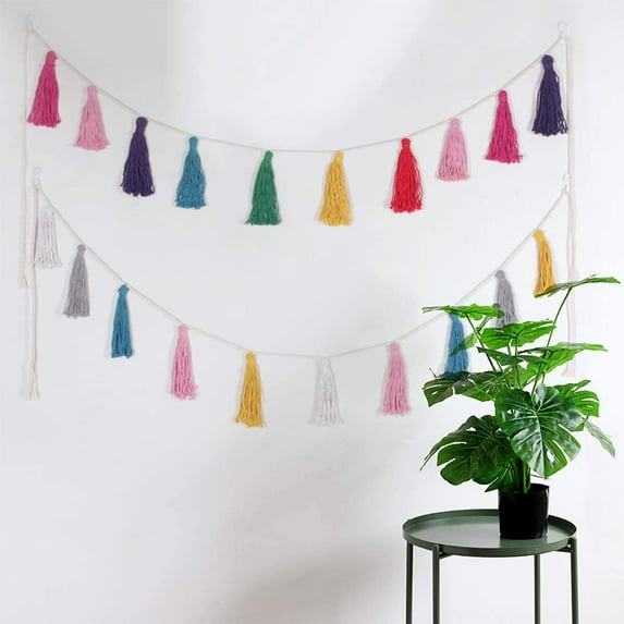 Nvzi Cotton Colorful Macrame Tassel Garland Pastel String Banner Macrame Rainbow Decor Wall Hanging for Home Boho Decoration, 2 Pack