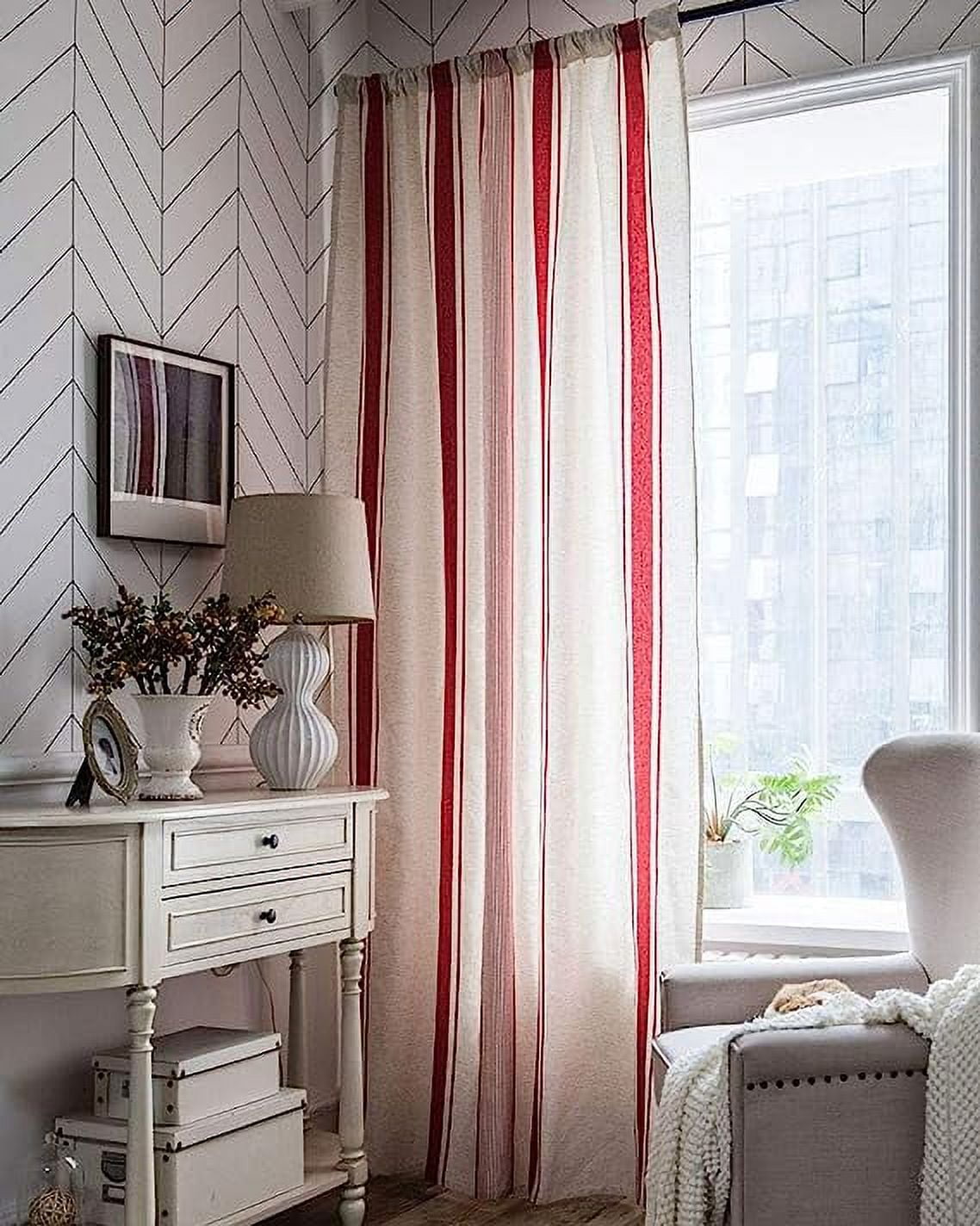 Nvzi Cotton Linen Striped Window Curtain Farmhouse Country Style Room Darkening Rod Pocket Curtain Panel for Bedroom Living Room, 1 Piece (Red,59"x87")