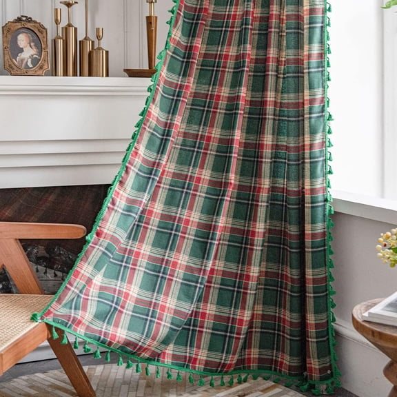 Nvzi Cotton Linen Tartan Curtains with Tassels Christmas Plaid Window Drapes Rod Pocket(Green,59"x71")