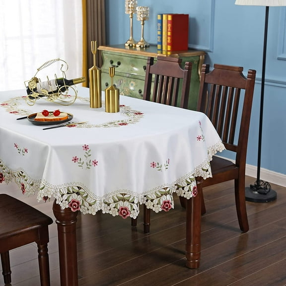 Nvzi Damask Rose Camellia Embroidered Cream Floral Tablecloth Rectangular 60 x 86 inch Approx