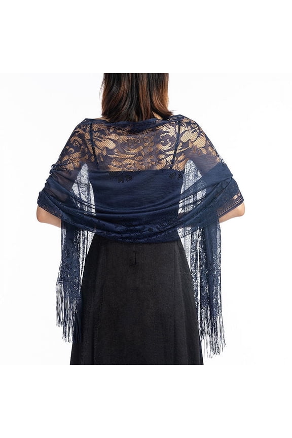 Dark Blue transparent ribbon tassel lace scarf -1 piece, 24.8 x 72.8 inches floral lace pattern, suitable for wedding parties, evening dresses, beach covers