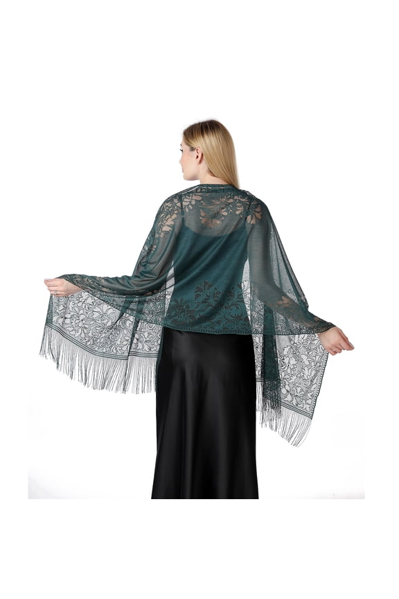 Dark Green transparent ribbon tassel lace scarf -1 piece, 24.8 x 72.8 inches floral lace pattern, suitable for wedding parties, evening dresses, beach covers