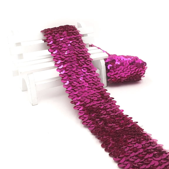 Nvzi Dark Pink Elastic Sequin Webbing -1 Roll, 1.89in * 10.94yd, Polyester Sequin With Elastic Backing, Suitable For Dance Costume Decoration, DIY Elastic Headband And Festival Decoration
