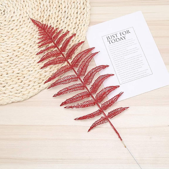 Nvzi Decorative Glitter Hollow Leaf, 10pcs Artificial Fern Plant Persian Stem Leaves Christmas Spray Ornament for Holiday Party Xmas Tree Decor Red