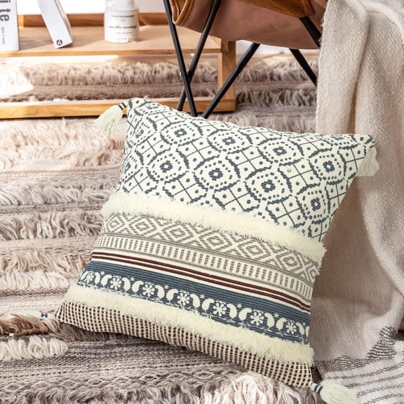 Nvzi Decorative Throw Pillow Covers Modern Moroccan Style Pillow Cases with Tassels 18*18inch (Blue)