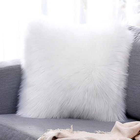 Nvzi Double-Sided Faux Fur Sheepskin Decorative Throw Pillow Cover Luxury Super Soft Plush Cushion Case for Sofa or Bed (16"x16",White)