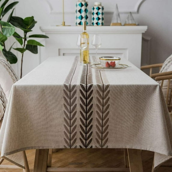 Nvzi Elegant Embroidery Leaf Pattern Water Proof Table Cloth Wrinkle Free Heavy Weight Cotton Linen Tablecloth Decorative Fabric Table Cover for Outdoor and Indoor ( Rectangle,53 x 87 Inch)