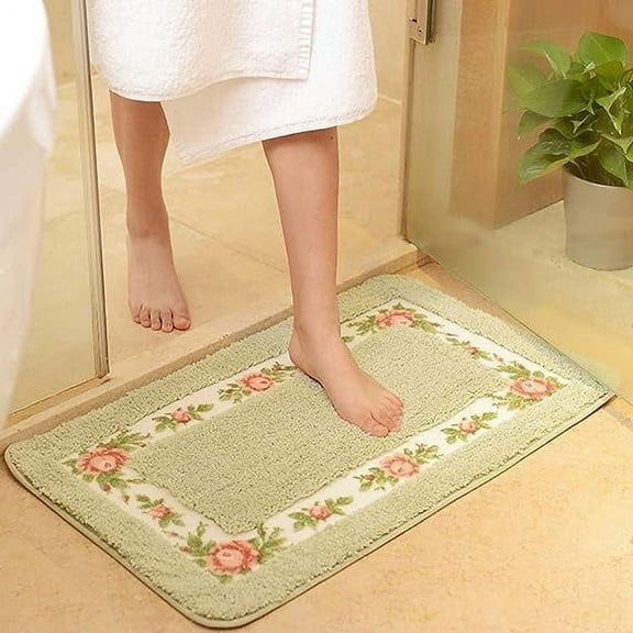 Nvzi Elegant Rose Flower Bathroom Rugs Bath Mat Door Mat Kitchen Welcome Mat Soft Non Slip Absorbent Rug Green 16" X 24"