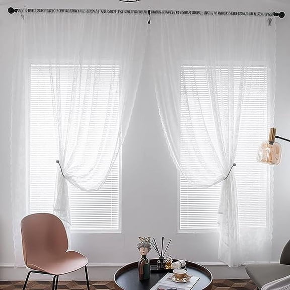 Nvzi Elegant Rose Lace Curtains Rod Pocket Light Filtering Floral Window Curtain Panels for Bedroom Kitchen Short Curtains, 2 Pieces (White,59"x71")