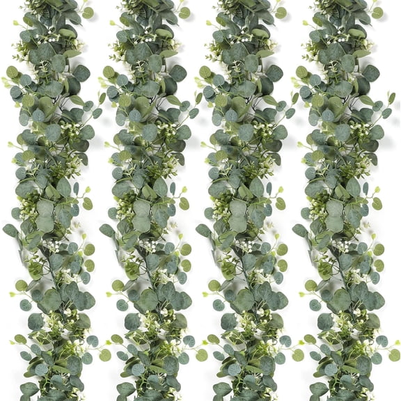 Nvzi Eucalyptus Garland with White Flowers 4 Packs 5.9Ft Silver Dollar Eucalyptus Leaves Gypsophila Garland Artificial Greenery Vines