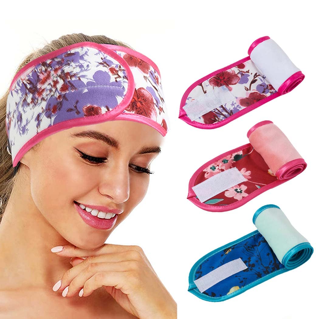 Nvzi Facial Spa Headband Make Up Wrap Head Terry Cloth Headbands Adjustable Hair Towel for Washing Face (Pack of 3) (C Floral (Pink+Red+Blue))