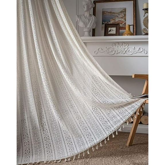 Nvzi Farmhouse Cotton Crochet Lace Window Curtain Panel with Tassels Rod Pocket Semi Sheer Hollow Curtains for Bedroom Living Room, 1 Piece (Beige B,59"x102")