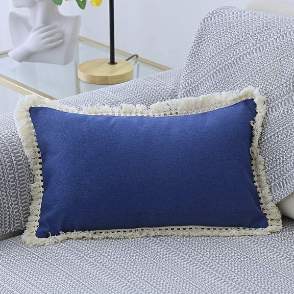 Nvzi Farmhouse Cotton Linen Throw Pillow Covers with Tassels Decorative Lumbar Throws Cushion Cover for Sofa Bedroom Car (Navy 03, 12"x20")