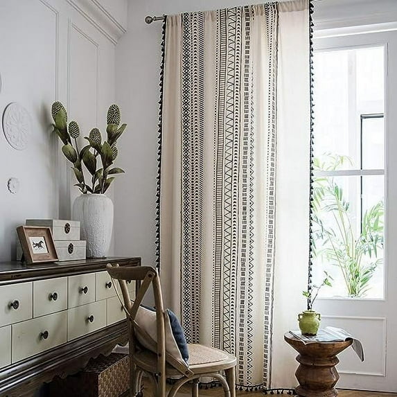 Nvzi Farmhouse Cotton Linen Window Curtain Panel with Tassels Geometric Print Country Style Room Darkening Curtain Panel for Bedroom Living Room, 1 Piece (59"x102",Black)