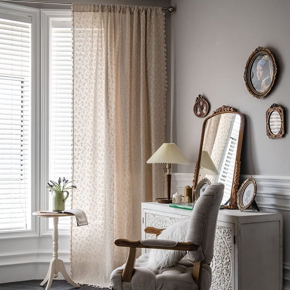 Nvzi Farmhouse Cotton Linen Window Curtain Panel with Tassels, 1 Piece (59"x87",Daisy)