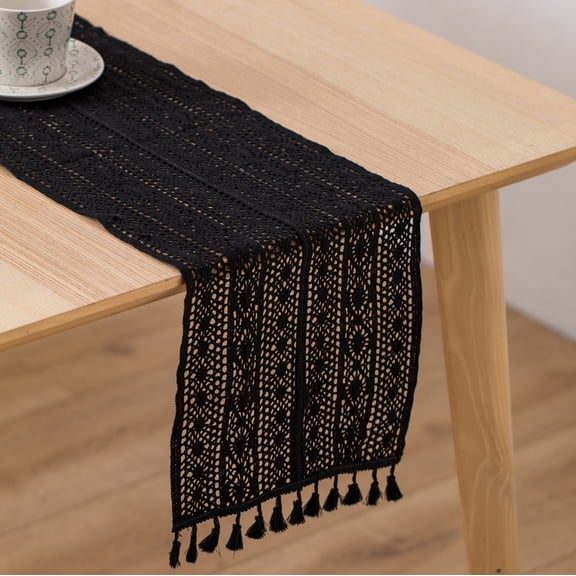 Nvzi Farmhouse Dining Table Runner Rustic Boho Table Runner for Coffee Table 70" Long Macrame Woven Table Runner for Christmas Fall Kitchen Decor, 13x70 InchesBlack