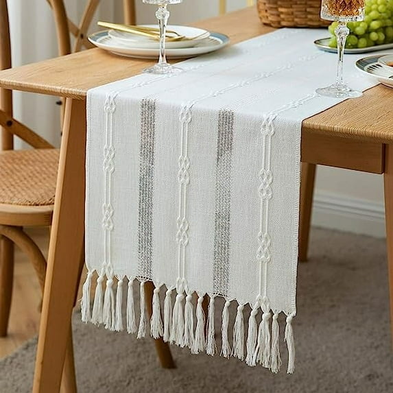 Nvzi Farmhouse Table Runner, Rustic Table Runners 72 Inches Long, Linen Boho Table Runner, Braided Striped White Table Runner for Dining Party Holiday, 14x72 Inches, WideHollow Off White