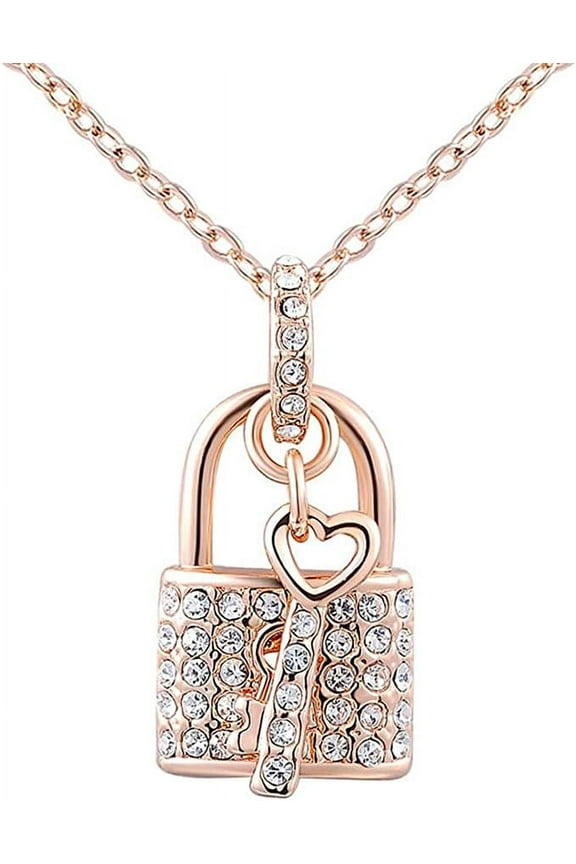 Fashion Key & Lock Necklace Rose Gold Rhinestone Pendant Necklace Charm Chain Jewelry Gift