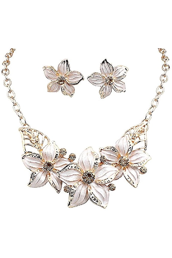 Fashion Women Crystal Flower Statement Gold Plated Necklace Earrings Jewelry Set