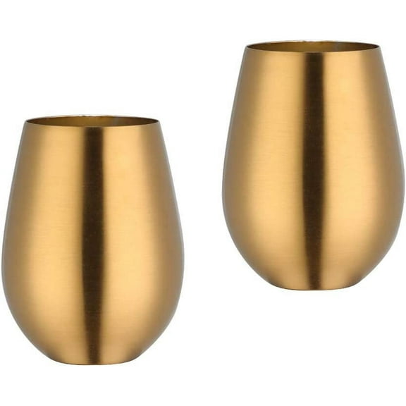 Nvzi Father's Day Gift Mingcheng 17 oz Stainless Steel Stemless Wine Glass, Outdoor Portable Wine Tumbler for the Pool, Camping, Cookouts, Travel - Set of 2 Metal Drinking Cups(Gold)